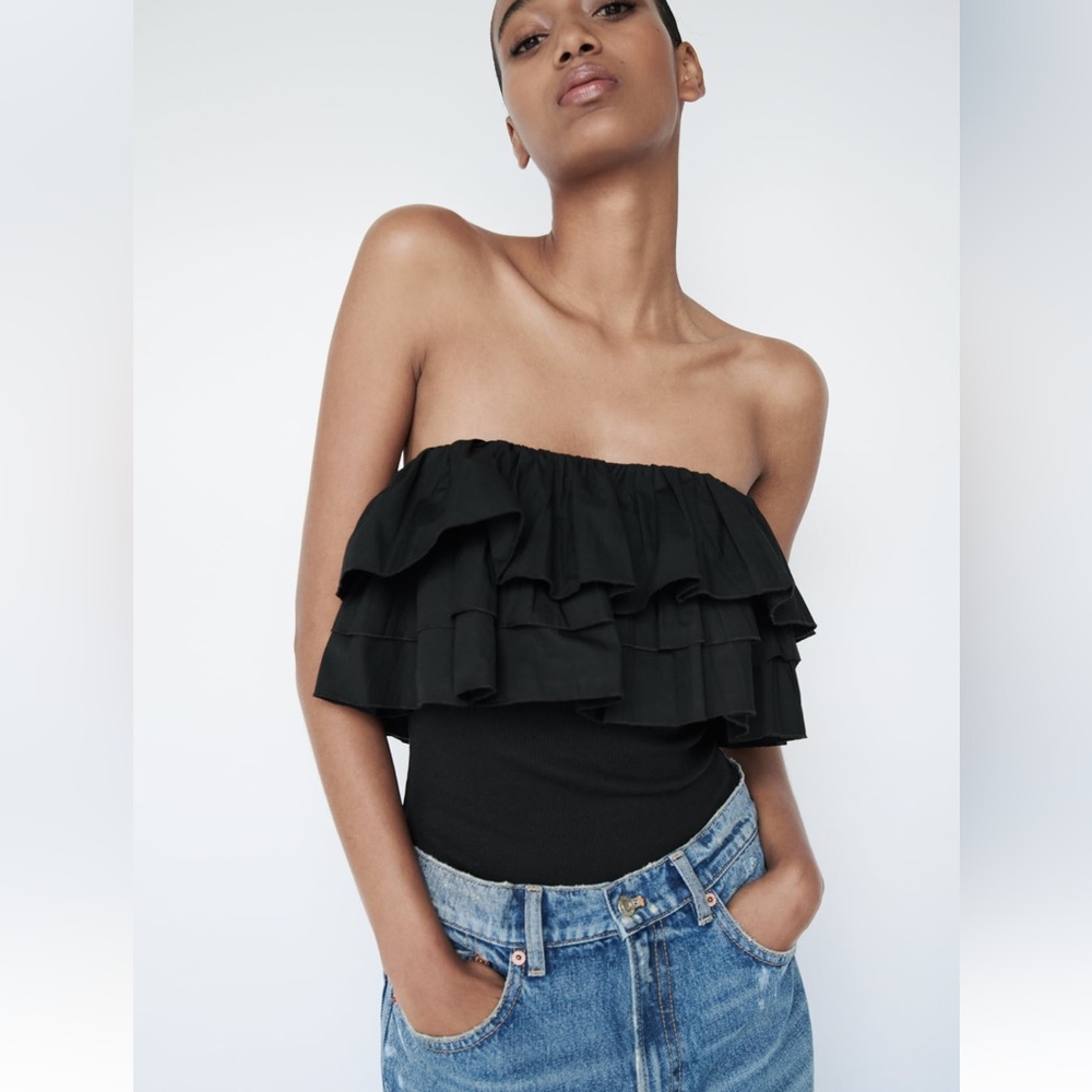 Zara New Black STRAPLESS RUFFLED BODYSUIT.